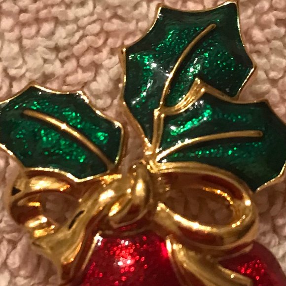 VTG CHRISTMAS Red Bells Pin w/ stones, bow + holly - Picture 4 of 5